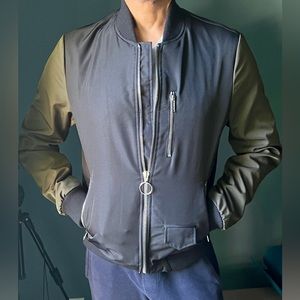 KARL LAGERFELD bomber jacket, black w/ olive sleeves, Small, worn once.